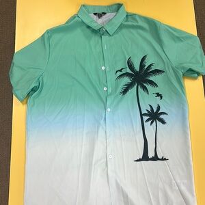 Green and White Casual Button Down Shirt with Palm Tree Design